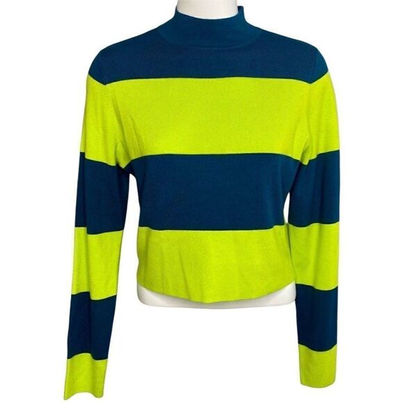 Victor Glemaud Sweater Top Womens SMALL Teal Lime Green Striped Mock Relaxed NEW - Picture 1 of 10